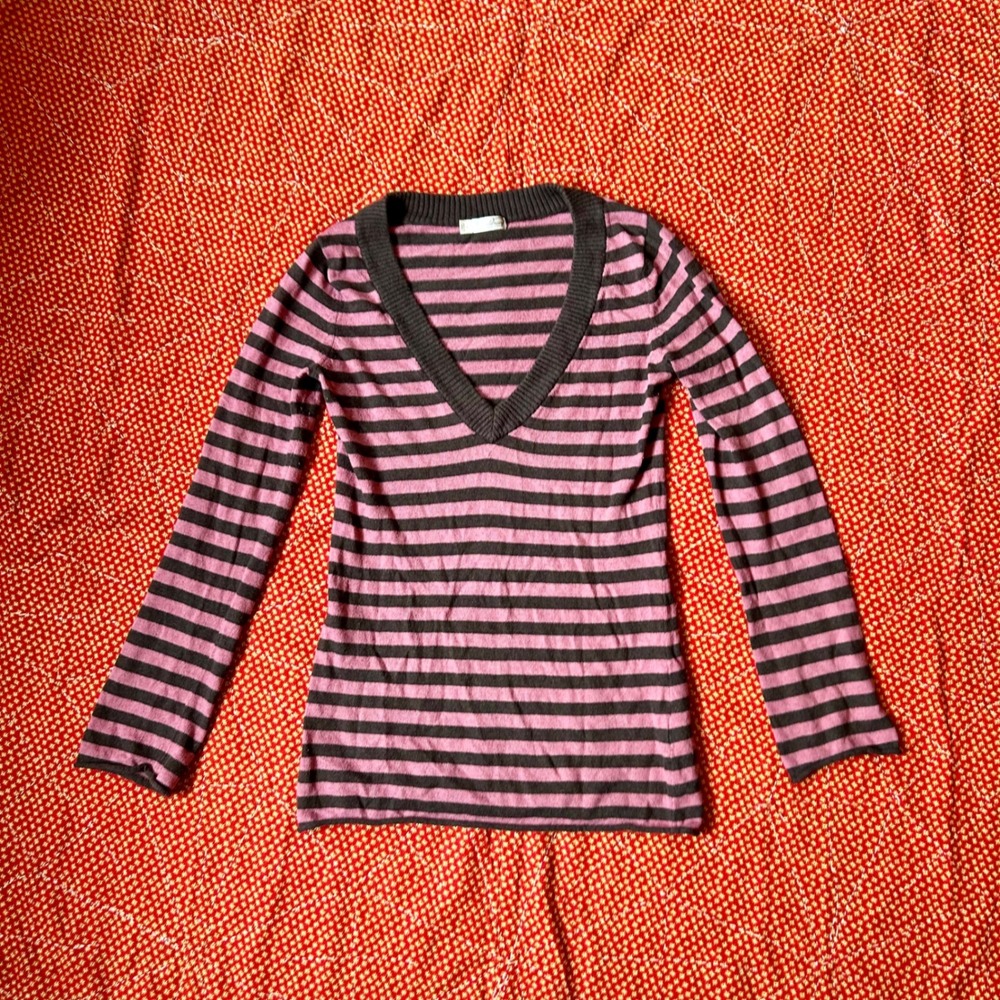 Vintage 2000s Old Navy Perfect Fit V-Neck Striped Sweater Pink Brown Small